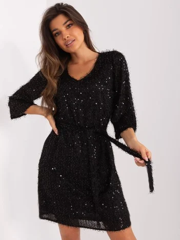 Rochie Dama Maneca 3/4, Paiete, LAKERTA, Negru de Sarbatori
