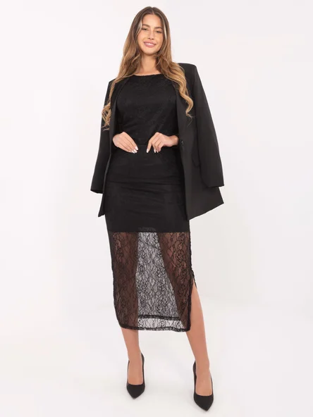 Fusta Dama Midi, Dantela, RUE PARIS, Negru Eleganta Office
