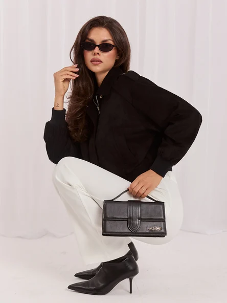Jacheta Dama Guler inalt, Poliester, ITALY MODA, Negru Eleganta Office