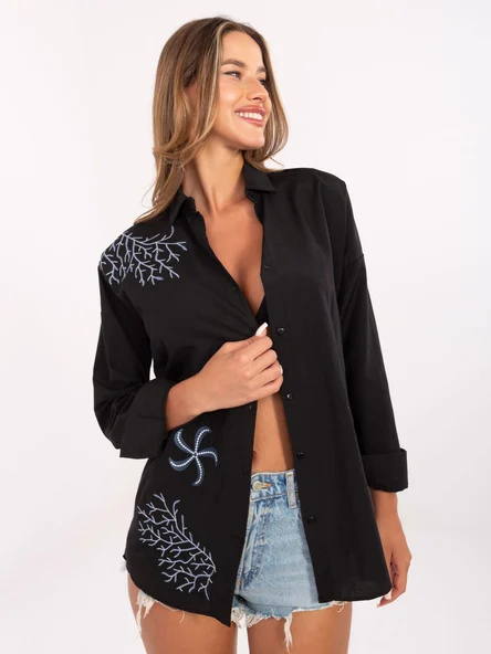 Camasa Dama Maneca lunga, Guler inalt, MISS FRA, Negru Eleganta Office