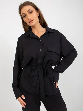 Camasa Dama Maneca lunga, Guler inalt, LAKERTA, Negru Casual