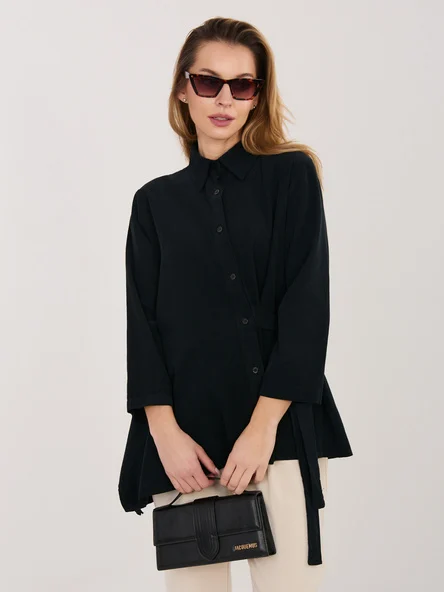 Camasa Dama Maneca lunga, Guler inalt, RUE PARIS, Negru Eleganta Office