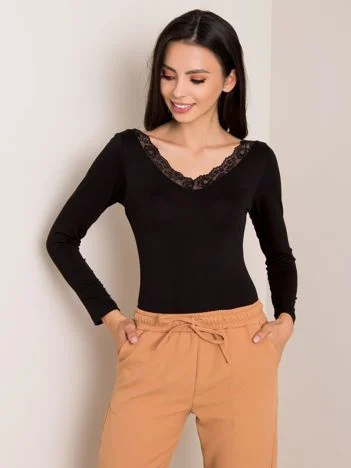 Body Dama Maneca lunga, Dantela, BERRAK, Negru Casual