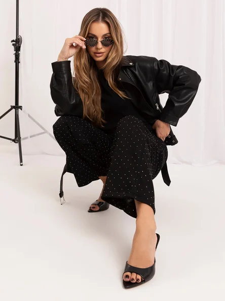 Pantaloni Dama Lunga, Larga, ITALY MODA, Negru de Petrecere