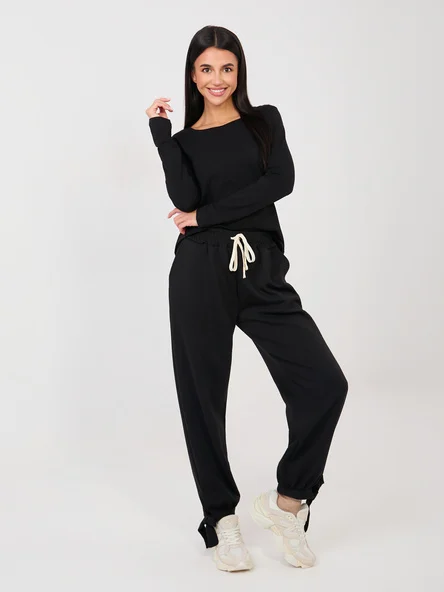 Pantaloni Dama Mansete elastice, Guler inalt, ITALY MODA, Negru Casual