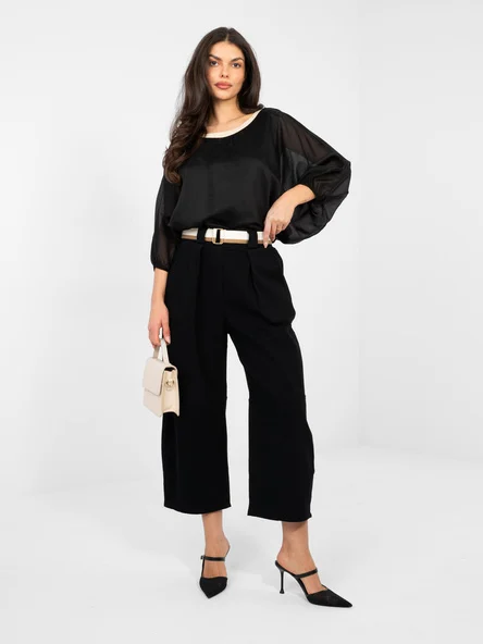 Pantaloni Dama Larga, Guler inalt, RUE PARIS, Negru Eleganta Office