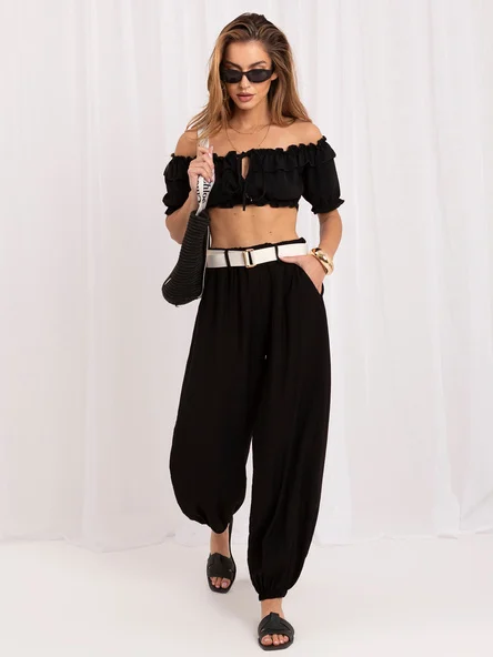 Pantaloni Dama Lunga, Mansete elastice, RUE PARIS, Negru Eleganta Office
