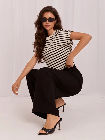 Pantaloni Dama Lunga, Larga, RUE PARIS, Negru Eleganta Office