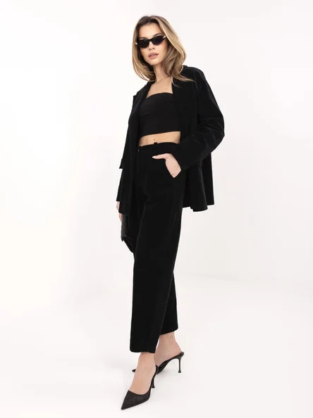 Pantaloni Dama Conica, Guler inalt, RUE PARIS, Negru Casual