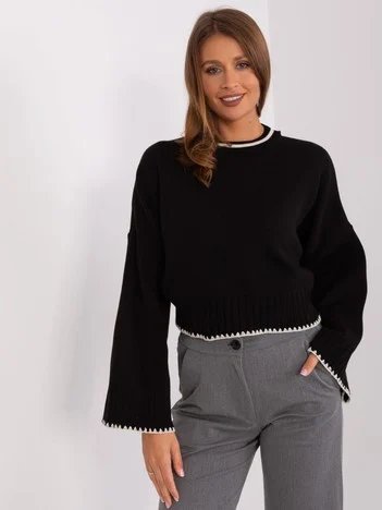 Pulover Dama Mini, Decolteu rotund, MISS FRA, Negru Casual