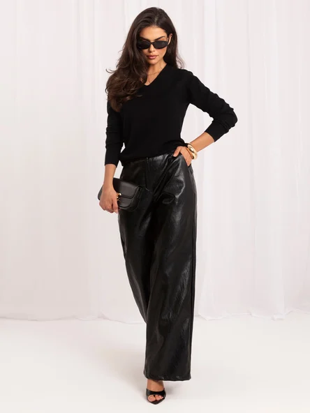 Pulover Dama Maneca lunga, Decolteu in V, ITALY MODA, Negru Eleganta Office
