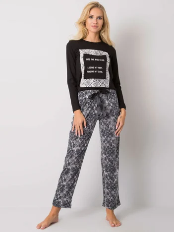 Pijama Dama Maneca lunga, Animal print, BERLAND, Negru