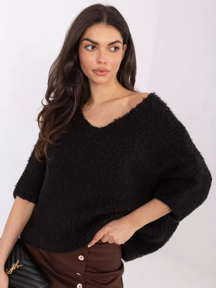 Pulover Dama Maneca 3/4, Decolteu in V, ITALY MODA, Negru Casual