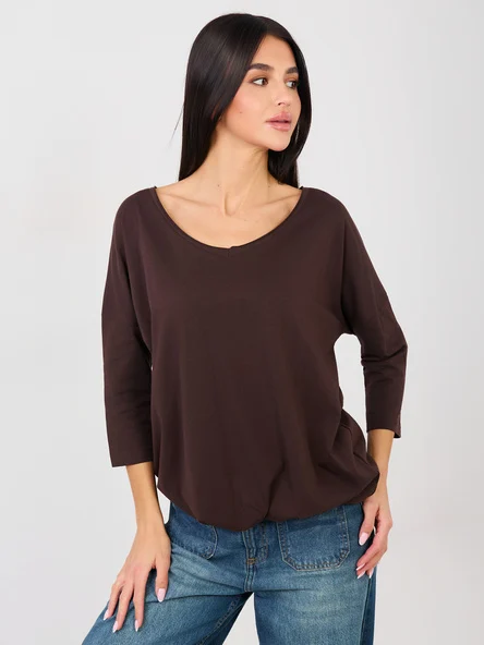 Bluza Dama Maneca 3/4, Decolteu rotund, RUE PARIS, Maro Casual