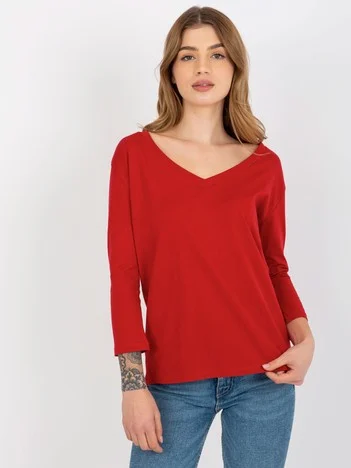 Bluza Dama Maneca 3/4, Decolteu in V, ex moda, Rosu Eleganta Office
