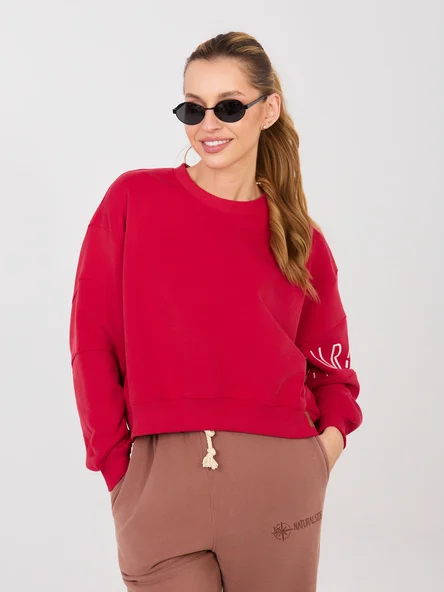 Hanorac Dama Mini, Decolteu rotund, NATURAL SIDE, Rosu Casual