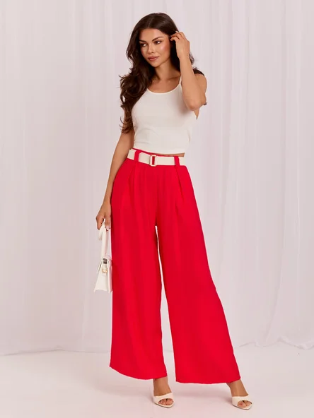 Pantaloni Dama Lunga, Larga, RUE PARIS, Rosu Eleganta Office
