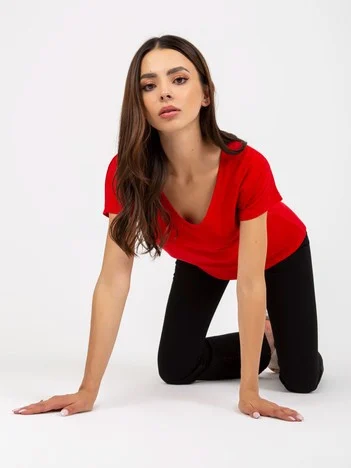 Tricou Dama Mini, Decolteu in V, BASIC FEEL GOOD, Rosu Casual Marimi Mari