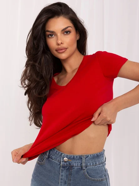 Tricou Dama Mini, Decolteu in V, BASIC FEEL GOOD, Rosu Casual Marimi Mari