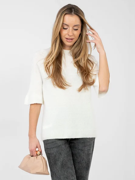 Pulover Dama Mini, Decolteu rotund, ITALY MODA, Ecru Eleganta Office