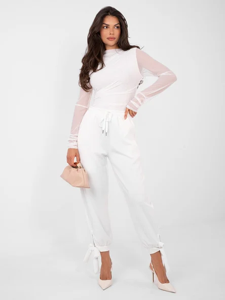 Pantaloni Dama Mansete elastice, Guler inalt, ITALY MODA, Ecru Eleganta Office