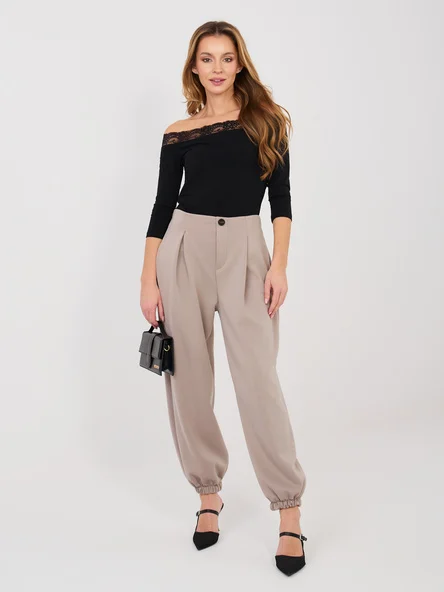 Pantaloni Dama Mansete elastice, Guler inalt, ITALY MODA, Bej Eleganta Office