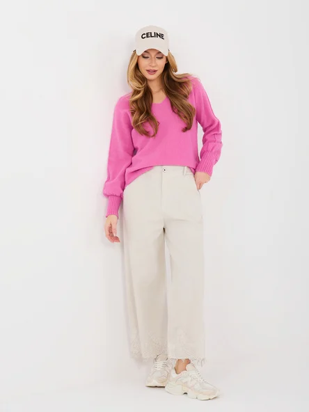 Pantaloni Dama Dantela, Larga, RUE PARIS, Bej Casual