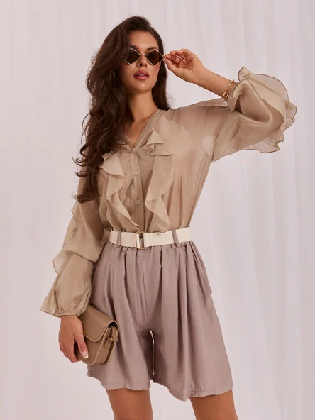 Pantaloni Scurti Dama Larga, Guler inalt, RUE PARIS, Bej