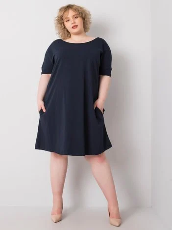 Rochie Dama Midi, Decolteu rotund, BASIC FEEL GOOD, Bleumarin Eleganta Office Marimi Mari