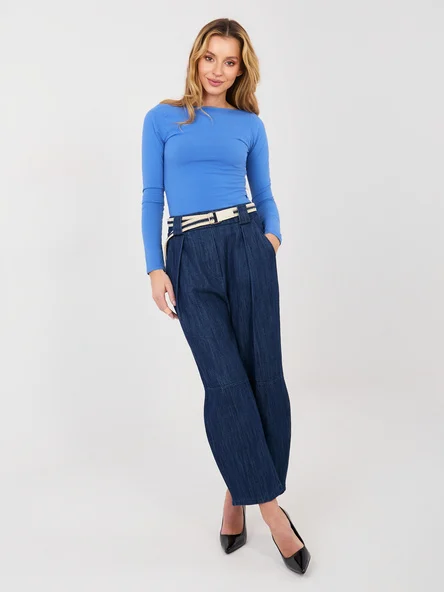Blugi Dama Larga, Guler inalt, RUE PARIS, Bleumarin Eleganta Office