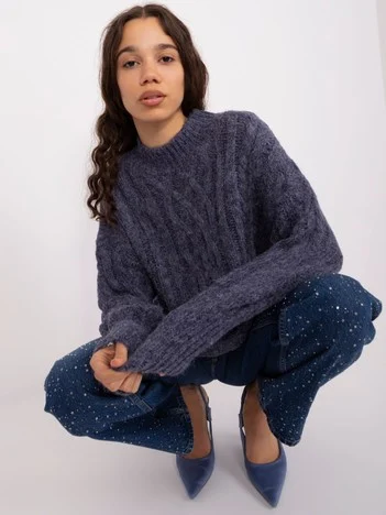 Pulover Dama Guler inalt, Acril, Wool Fashion Italia, Bleumarin Casual