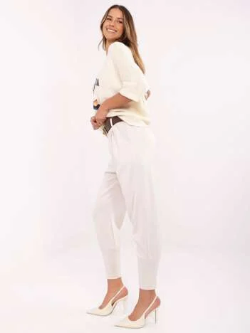 Pantaloni Dama Mansete elastice, Guler inalt, ITALY MODA, Bej Eleganta Office