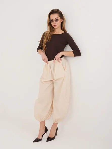 Pantaloni Dama 7/8, Mansete elastice, RUE PARIS, Bej Casual