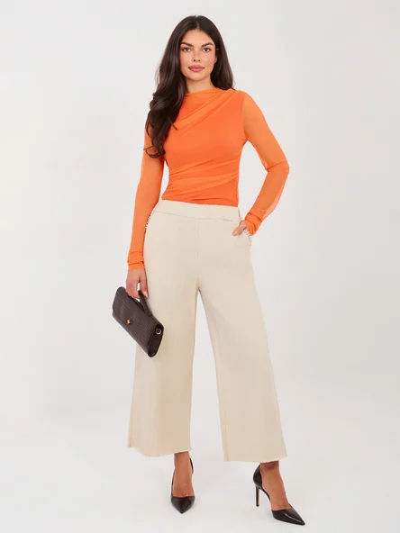 Pantaloni Dama Larga, Guler inalt, ITALY MODA, Bej Eleganta Office