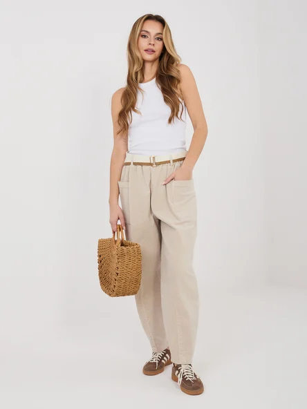 Pantaloni Dama Conica, Guler inalt, RUE PARIS, Bej Casual