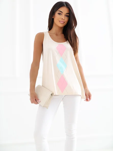 Top Dama Fara maneci, Geometric, RELEVANCE, Bej Casual