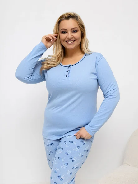 Pijama Dama Maneca lunga, Floral, Forever Pink, Albastru Marimi Mari