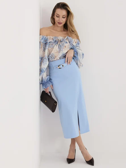 Fusta Dama Midi, Elegant, RUE PARIS, Albastru Eleganta Office