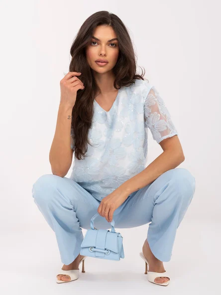 Bluza Dama Mini, Floral, LAKERTA, Albastru Eleganta Office
