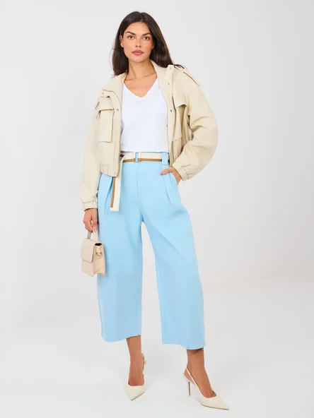 Pantaloni Dama Larga, Guler inalt, RUE PARIS, Albastru Eleganta Office