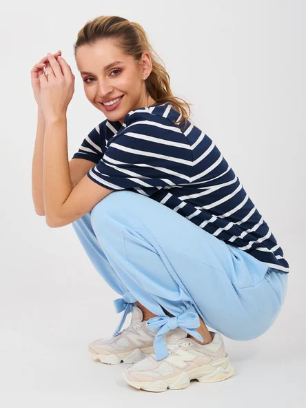 Pantaloni Dama Mansete elastice, Guler inalt, ITALY MODA, Albastru Casual