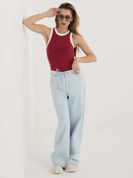 Pantaloni Dama Larga, Guler inalt, Sublevel, Albastru Casual Marimi Mari