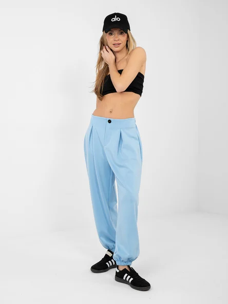 Pantaloni Dama Mansete elastice, Guler inalt, ITALY MODA, Albastru Eleganta Office