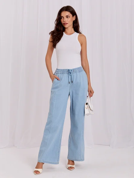 Pantaloni Dama Larga, Guler inalt, Sublevel, Albastru Casual
