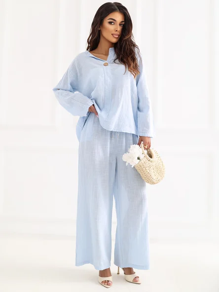 Pantaloni Dama Larga, Guler inalt, ITALY MODA, Albastru