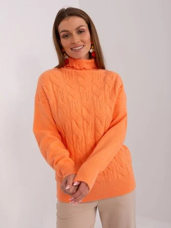 Pulover Dama Maneca lunga, Guler inalt, Wool Fashion Italia, Portocaliu Eleganta Office