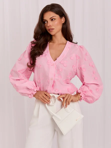 Camasa Dama Maneca lunga, Decolteu in V, LAKERTA, Roz Eleganta Office