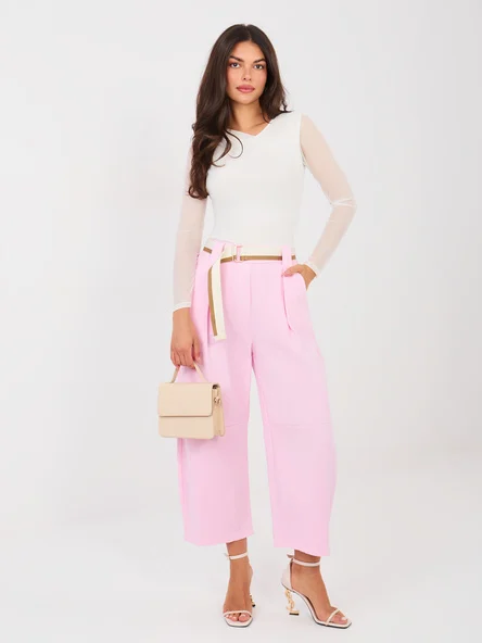 Pantaloni Dama Larga, Guler inalt, RUE PARIS, Roz Eleganta Office