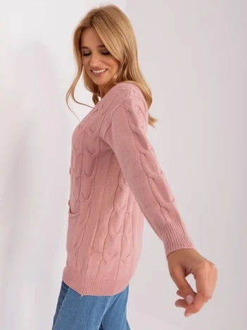 Pulover Dama Maneca lunga, Decolteu in V, Wool Fashion Italia, Roz Casual