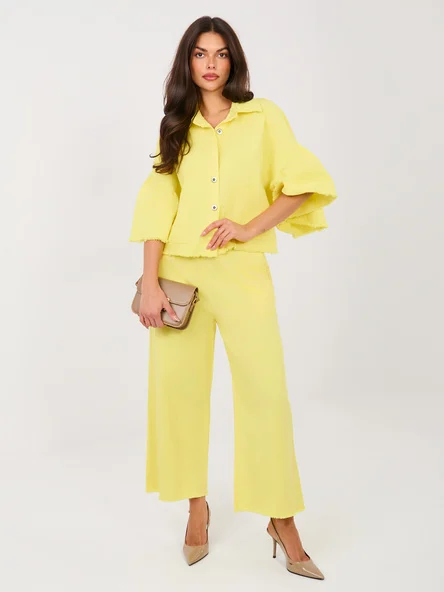 Pantaloni Dama Larga, Guler inalt, ITALY MODA, Galben Eleganta Office